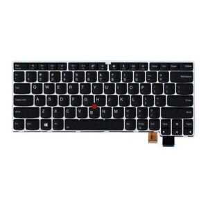 Schwarze Laptop-Tastatur mit QWERTY-Layout und rotem Trackpoint in der Mitte.