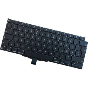 Deutsche Laptop-Tastatur mit schwarzer Oberfläche, QWERTZ-Layout und Funktionstastenreihe.