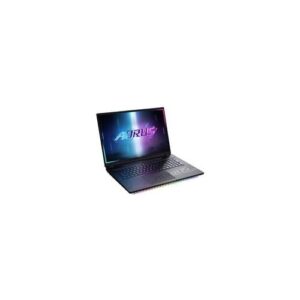 Gaming-Laptop mit beleuchteter Tastatur und AORUS-Logo auf dem Bildschirm.
