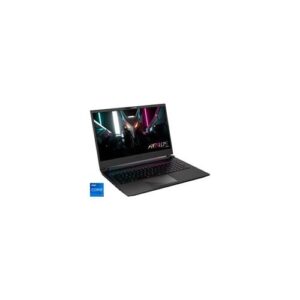Schwarzer Gaming-Laptop mit beleuchteter Tastatur und stilvollem Bild auf dem Bildschirm.