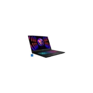 Laptop mit RGB-Tastatur und buntem Bildschirm, seitliche Ansicht.