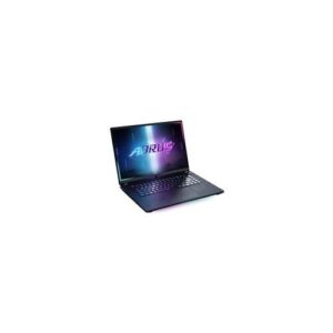 Laptop mit buntem Bildschirm, beleuchteter Tastatur, diagonale Ansicht.