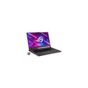Gaming-Laptop mit beleuchtetem Bildschirm und markantem Logo, seitliche Ansicht.