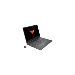 Schwarzer Gaming-Laptop mit leuchtendem V-Logo auf dem Bildschirm.