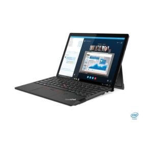 Laptop mit angedockter Tastatur zeigt ein geöffnetes Dokument und Diagramm.