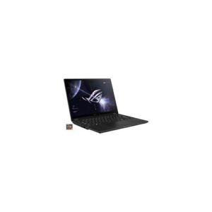 Schwarzer Laptop mit geöffneter Bildschirmansicht, zeigt futuristisches Design.