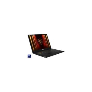 Schwarzer Laptop mit leuchtendem Display, Tastatur sichtbar.