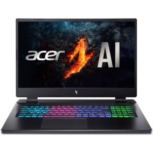 Gaming-Laptop mit bunter Tastatur und Feuerhintergrund auf dem Bildschirm.