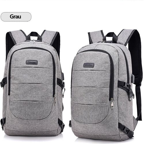 Zwei graue Rucksäcke mit Laptopfach und mehreren Taschen.