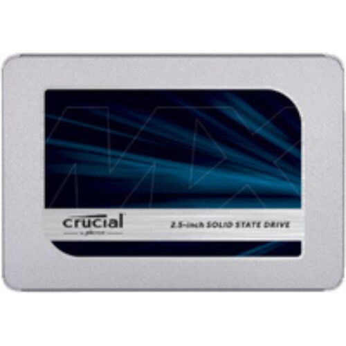 Graue 2.5-Zoll Crucial SSD mit blauem Etikett. Graue 2.5-Zoll Crucial SSD mit blauem Etikett.