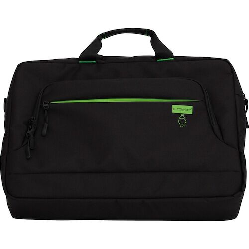 Schwarze Laptoptasche mit grünem Akzent und Reißverschluss vorne