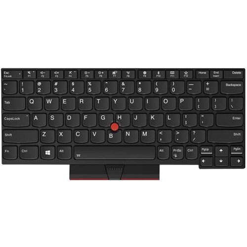 Schwarze rechteckige Laptop-Tastatur mit integriertem roten Trackpoint in der Mitte.