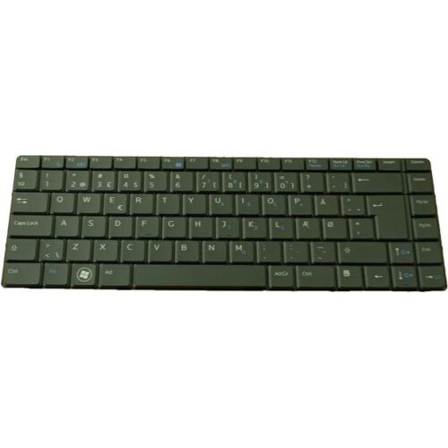 Schwarze QWERTY-Laptop-Tastatur mit gedrungenem Layout und blauen Symbolen.