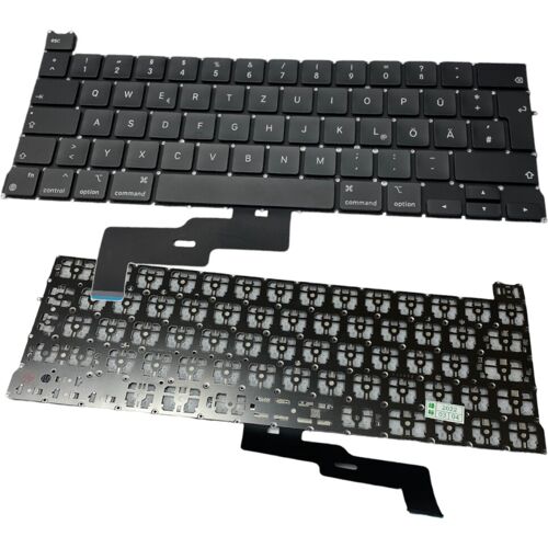 Zwei Laptop-Tastaturen, Vorder- und Rückseite, im QWERTZ-Layout, schwarzes Finish.