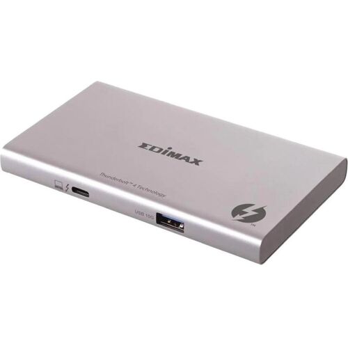 Rechteckiges EDIMAX-Dock mit Thunderbolt- und USB-C-Anschlüssen auf silbernem Gehäuse