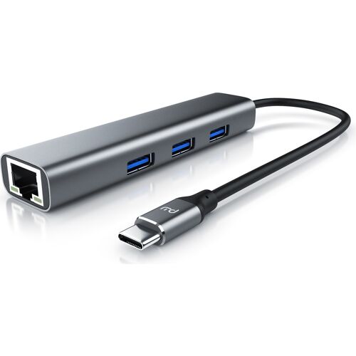 USB-C-Adapter mit Ethernet und USB-Anschlüssen auf weißem Hintergrund. USB-C-Adapter mit Ethernet und USB-Anschlüssen auf weißem Hintergrund.