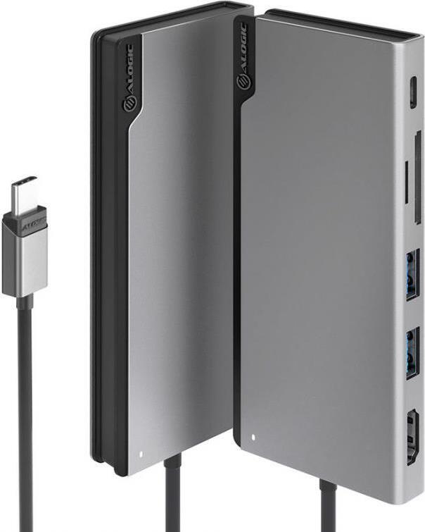 Graue USB-C-Dockingstation mit mehreren Anschlüssen und angeschlossenem Kabel. Graue USB-C-Dockingstation mit mehreren Anschlüssen und angeschlossenem Kabel.