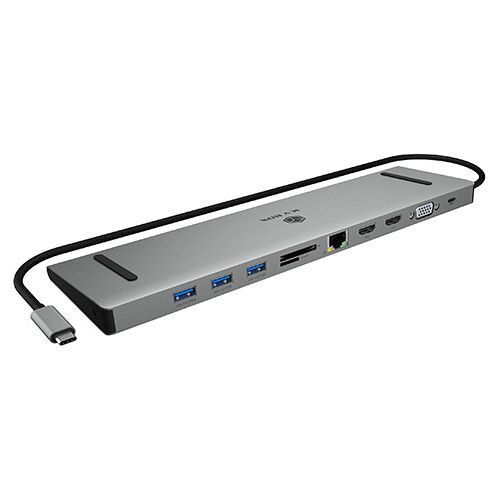 USB-C-Dockingstation mit mehreren Anschlüssen, darunter USB, HDMI, Ethernet und VGA.