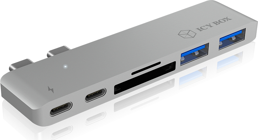 Silberner USB-C-Hub mit mehreren Anschlüssen und Kartenleser-Slot.