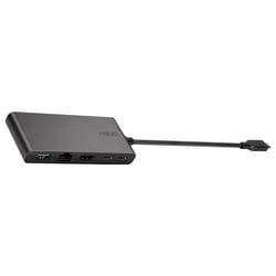 Schwarzgrauer USB-C-Hub mit mehreren Anschlüssen und kurzem Kabel.