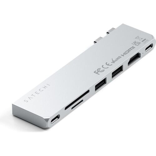 Aluminium-USB-C-Hub mit verschiedenen Anschlüssen, einschließlich USB, HDMI, und SD-Kartensteckplatz.