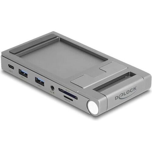 Grauer USB-Hub und Kartenleser von Delock mit mehreren Anschlüssen.