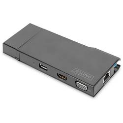 Schwarzer Adapter mit USB, HDMI, VGA und Ethernet-Anschlüssen auf weißem Hintergrund.
