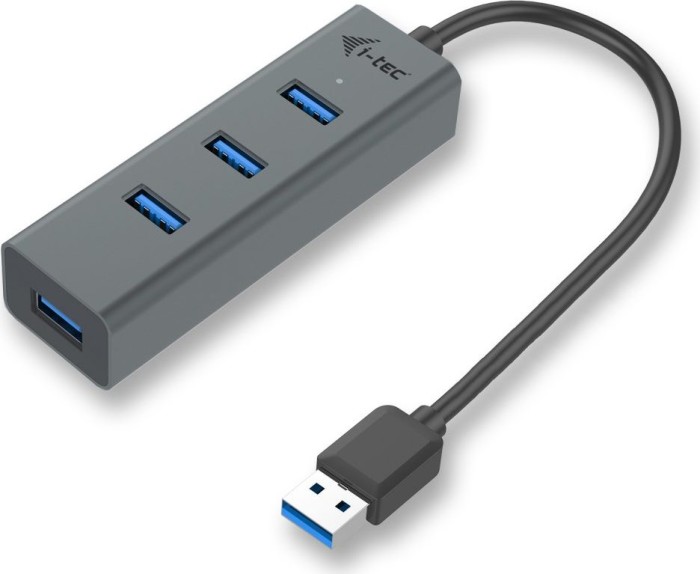 USB-Hub mit vier Anschlüssen und schwarzem Kabel, graues Gehäuse USB-Hub mit vier Anschlüssen und schwarzem Kabel, graues Gehäuse