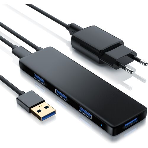 Schwarzer USB-Hub mit mehreren Anschlüssen und einem Ladegerät. Schwarzer USB-Hub mit mehreren Anschlüssen und einem Ladegerät.