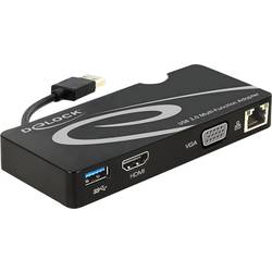 Schwarzer Multimedia-Adapter mit HDMI-, VGA- und Ethernet-Anschlüssen.