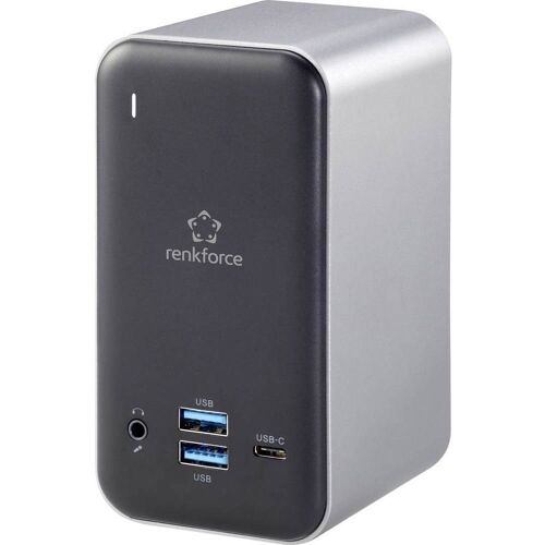 Graues, kompaktes USB-Hub mit mehreren Anschlüssen, darunter USB und USB-C. Graues, kompaktes USB-Hub mit mehreren Anschlüssen, darunter USB und USB-C.